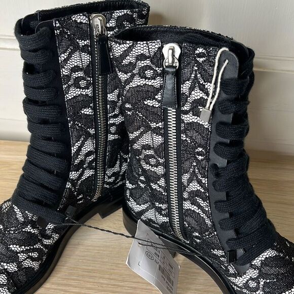 Casadei Black Lace & Leather Combat Ankle Boots Size 37/7 US Nwt - Picture 3 of 8
